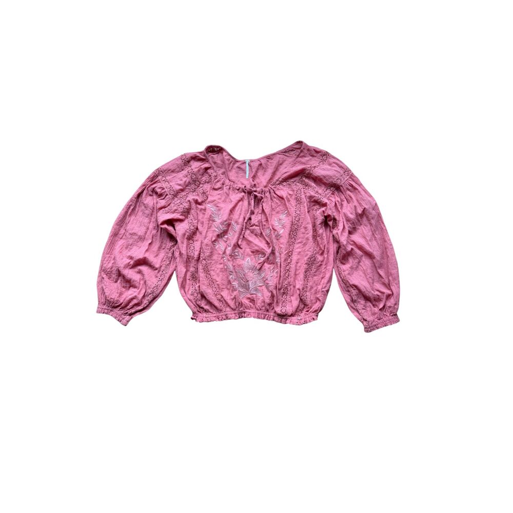 Free People Pink Maria Maria Embroidered Lace Boho Long Sleeve Peasant Blouse M